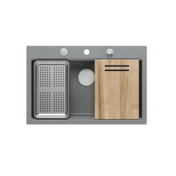 MARC 110 WORKSTATION GraniteQ zlewozmywak 1-komorowy 760*500*220 mm silver stone + syfon push to open + dozownik stal szcz.+ wkładka ociekowa+ Qmata +