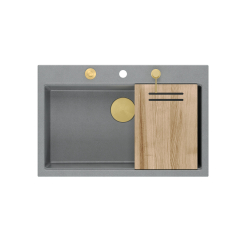 MARC 110 WORKSTATION GraniteQ zlewozmywak 1-komorowy 760*500*220 mm silver stone + syfon push to open + dozownik + deska + wkładka / elementy złote