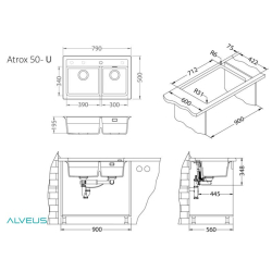 ATROX 50 kol. 81 Beton zlew Granital 2 kom. z syfonem POP-UP 3 1/2