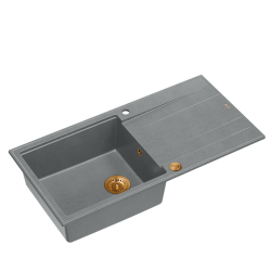 QUADRON EVAN 146 XL GraniteQ zlewozmywak z syfonem Push 2 Open 1-komorowy z/o (1000x500x210; kom. 420x480) silver stone / elementy miedziane