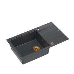 QUADRON EVAN 136 XL GraniteQ zlewozmywak z syfonem Push To Open 1-komorowy z/o (860x500x210; kom. 420x490) black diamond / elementy miedziane