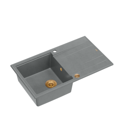 QUADRON EVAN 111 GraniteQ zlewozmywak z syfonem Push 2 Open 1-komorowy z/o (860x500x210) silver stone / elementy miedziane