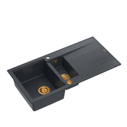 QUADRON EVAN 156 GraniteQ zlewozmywak z syfonem Push To Open 1,5-komorowy z/o (1000x500x210; kom. 420x480) black diamond / elementy miedziane