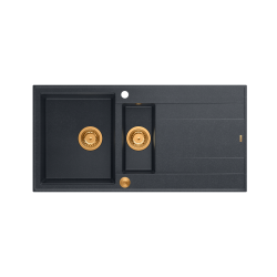 QUADRON EVAN 156 GraniteQ zlewozmywak z syfonem Push To Open 1,5-komorowy z/o (1000x500x210; kom. 420x480) black diamond / elementy miedziane