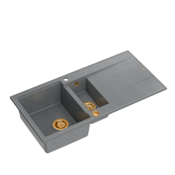 QUADRON EVAN 156 GraniteQ zlewozmywak z syfonem Push To Open 1,5-komorowy z/o (1000x500x210; kom. 420x480) silver stone / elementy miedziane
