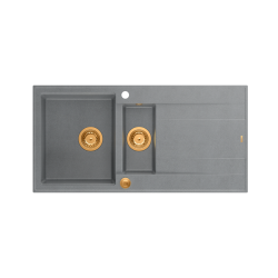 QUADRON EVAN 156 GraniteQ zlewozmywak z syfonem Push To Open 1,5-komorowy z/o (1000x500x210; kom. 420x480) silver stone / elementy miedziane