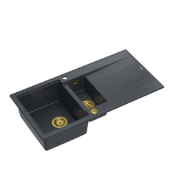 QUADRON EVAN 156 GraniteQ zlewozmywak z syfonem Push To Open 1,5-komorowy z/o (1000x500x210; kom. 420x480) black diamond / elementy złote