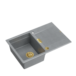 OWEN 111 GraniteQ zlewozmywak z syfonem Push 2 Open 1-komorowy z/o (760x500x215; kom. 330x430) silver stone / elementy złote