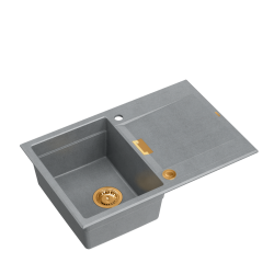 OWEN 111 GraniteQ zlewozmywak z syfonem Push 2 Open 1-komorowy z/o (760x500x215; kom. 330x430) silver stone / elementy miedziane
