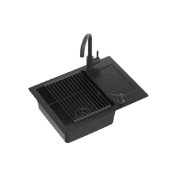 QUADRON JOHNNY 116 GraniteQ zlewozmywak granitowy Pure Carbon 1-komorowy z/o (60x44x18,5) z syfonem black + bateria Kate pure carbon + dozownik + Qmat