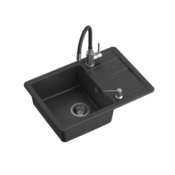 READY- SMART CZARNY zlewozmywak granitowy 1-k z/o (62x44x17,5) + bateria z elastyczną wylewką + dozownik stalowy + syfon