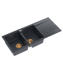 QUADRON EVAN 121 GraniteQ zlewozmywak z syfonem Push To Open 2-komorowy z/o (1160x500x210; kom. 420x340) black diamond / elementy miedziane