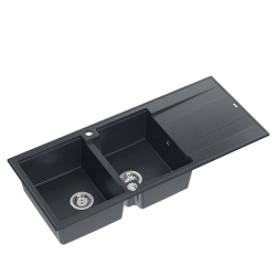 QUADRON EVAN 121 GraniteQ zlewozmywak z syfonem Push To Open 2-komorowy z/o (1160x500x210; kom. 420x340) black diamond / elementy stalowe