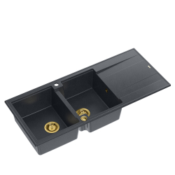 QUADRON EVAN 121 GraniteQ zlewozmywak z syfonem Push To Open 2-komorowy z/o (1160x500x210; kom. 420x340) black diamond / elementy złote