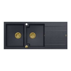 QUADRON EVAN 121 GraniteQ zlewozmywak z syfonem Push To Open 2-komorowy z/o (1160x500x210; kom. 420x340) black diamond / elementy złote