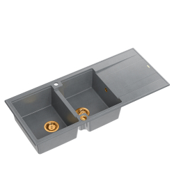 QUADRON EVAN 121 GraniteQ zlewozmywak z syfonem Push To Open 2-komorowy z/o (1160x500x210; kom. 420x340) silver stone / elementy miedziane