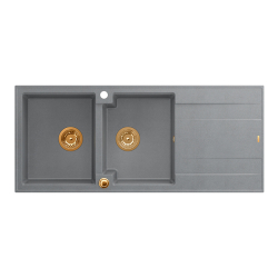QUADRON EVAN 121 GraniteQ zlewozmywak z syfonem Push To Open 2-komorowy z/o (1160x500x210; kom. 420x340) silver stone / elementy miedziane