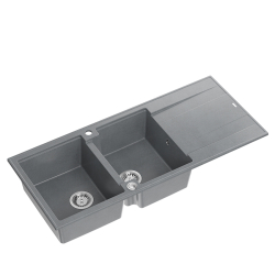 QUADRON EVAN 121 GraniteQ zlewozmywak z syfonem Push To Open 2-komorowy z/o (1160x500x210; kom. 420x340) silver stone / elementy stalowe