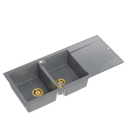 QUADRON EVAN 121 GraniteQ zlewozmywak z syfonem Push To Open 2-komorowy z/o (1160x500x210; kom. 420x340) silver stone / elementy złote
