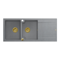 QUADRON EVAN 121 GraniteQ zlewozmywak z syfonem Push To Open 2-komorowy z/o (1160x500x210; kom. 420x340) silver stone / elementy złote
