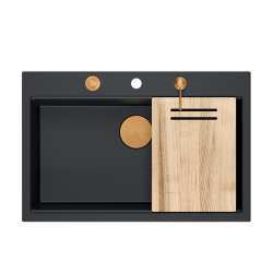 MARC 110 WORKSTATION GraniteQ zlewozmywak 1-komorowy 760*500*220 mm pure carbon + syfon push to open + dozownik + deska + wkładka / elementy miedziane