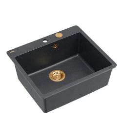 QUADRON | MORGAN 110 FM PRODUKT NA ZAMÓWIENIE | granitowy zlewozmywak kuchenny CZARNY + MIEDŹ PVD | wymiary: 56,5 x 49,5 x 21,6 cm | 1-komorowy na rów
