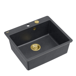 QUADRON | MORGAN 110 FM PRODUKT NA ZAMÓWIENIE | granitowy zlewozmywak kuchenny CZARNY + ZŁOTO PVD | wymiary: 56,5 x 49,5 x 21,6 cm | 1-komorowy na rów