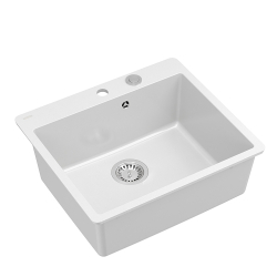 QUADRON | MORGAN 110 FM PRODUKT NA ZAMÓWIENIE | granitowy zlewozmywak kuchenny BIAŁY + STAL | wymiary: 56,5 x 49,5 x 21,6 cm | 1-komorowy na równi w b