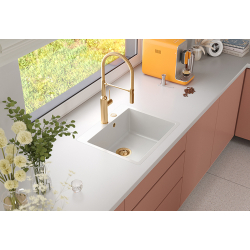 QUADRON | MORGAN 110 FM PRODUKT NA ZAMÓWIENIE | granitowy zlewozmywak kuchenny CZARNY mat + MIEDŹ PVD | wymiary: 56,5 x 49,5 x 21,6 cm | 1-komorowy na