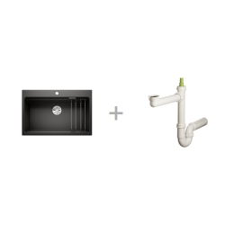 Zlewozmywak Blanco ETAGON 8 z korkiem InFino CZARNY 525 893 + Syfon końcowy Fisc wersja płaska 6400PPSAB15