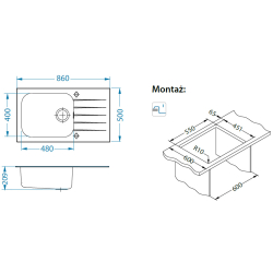 Zlewozmywak szklany Alveus GLASSIX 40 PUSH UP 860x500mm satyna - czarny 1123645